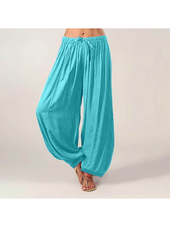 Womens Harem Pants Solid Colour Elastic Waist Drawstring High Waist Yoga Boho Trousers Fashion Casual Blue XXL