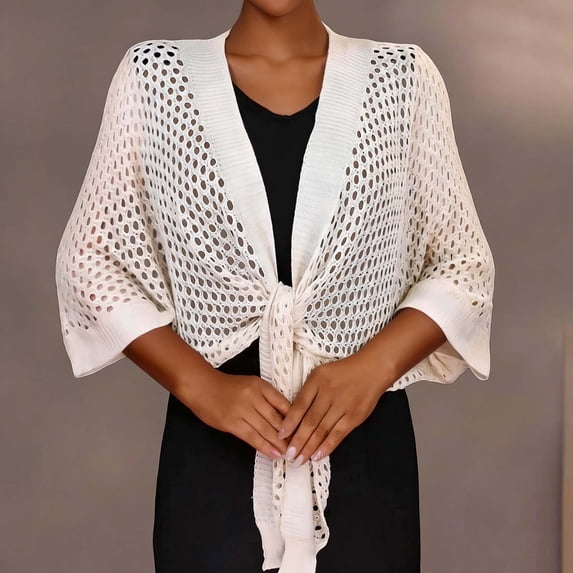 BLTIBY Womens Hollow Out Cover Up Short Knit Cardigan Shawl Wrap Front Batwing Sleeve Sun Protection Cover ups Beige Free Size