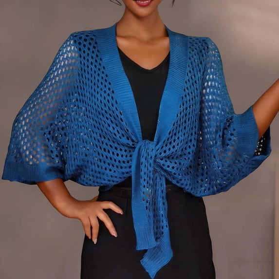 BLTIBY Womens Hollow Out Cover Up Short Knit Cardigan Shawl Wrap Front Batwing Sleeve Sun Protection Cover ups Blue Free Size