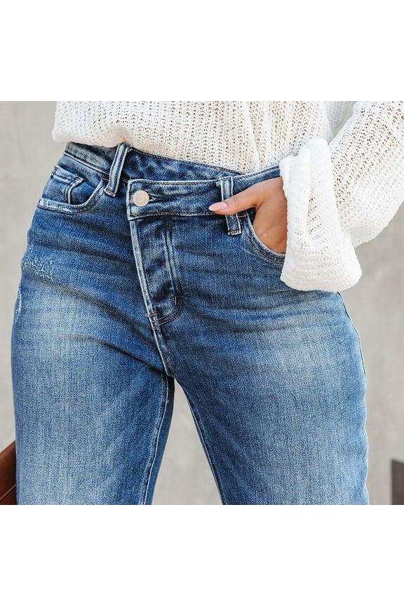 Womens Jeans High Waisted Trendy Baggy Fashion Solid Color Button Straight Wide Leg Stretch Skinny Slimming Long Denim Pants Slouchy with Pockets 2024 Blue XL