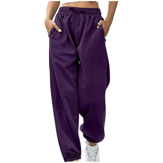 BLTIBY Womens Jogger Pants Solid Color Trendy Casual Straight Wide Leg Drawstring Trousers Fall Winter Workout Running Sweatpants with Pockets Purple S