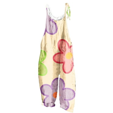 BLTIBY Womens Jumpsuits Casual Printed Summer Ladies Loose Fit Sleeveless Adjustable Wide Leg Overalls Spaghetti Strap Stretchy Backless Long Pant Romper with Pockets Pink 7 S