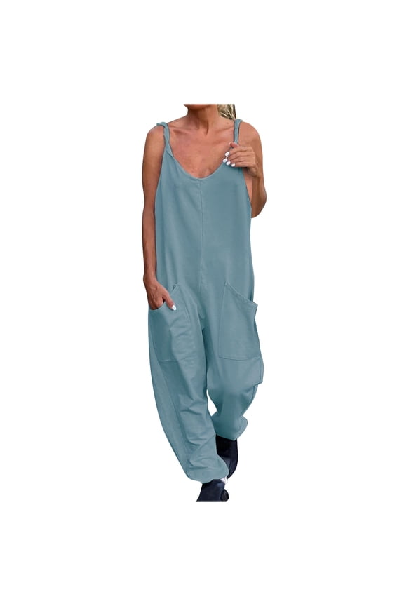 Womens Jumpsuits Casual Solid Colour Summer Ladies Loose Sleeveless Wide Leg Romper Spaghetti Strap Stretchy Backless Long Pant Overalls with Pockets Sky Blue 2 XL