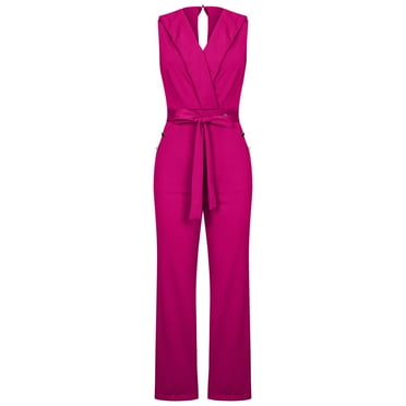 BLTIBY Womens Jumpsuits Pants Spring Summer Solid Color V Neck Sleeveless Slim Office Career Long Pants with Pocket Loose Wide Leg Ankle Overalls Fashion Casual Back Zipper Outfits Romper