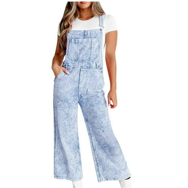 BLTIBY Womens Jumpsuits Pants Summer Jeans Long Bib Pants Solid Color Vintage Adjustable Button Double Shoulder Straps with Pockets Wide Leg Denim Overalls Fashion Casual Sleeveless Romper