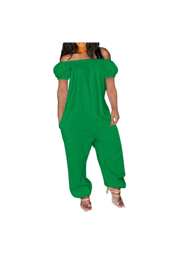 Womens Jumpsuits Spring Summer Solid Color Bustier Pleated Long Pants with Pockets One-Shoulder Wide Leg Overalls Fashion Loose Casual Sleeveless Strapless Romper