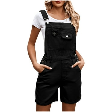 BLTIBY Womens Jumpsuits Summer Jeans Elastic Waist Long Bib Pants Solid Color Adjustable Button Double Shoulder Straps with Pockets Wide Leg Denim Overalls Fashion Casual Sleeveless Romper