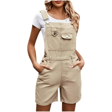 BLTIBY Womens Jumpsuits Summer Jeans Elastic Waist Long Bib Pants Solid Color Adjustable Button Double Shoulder Straps with Pockets Wide Leg Denim Overalls Fashion Casual Sleeveless Romper
