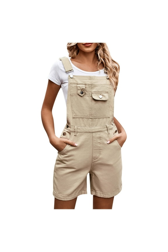 Womens Jumpsuits Summer Jeans Elastic Waist Long Bib Pants Solid Color Adjustable Button Double Shoulder Straps with Pockets Wide Leg Denim Overalls Fashion Casual Sleeveless Romper