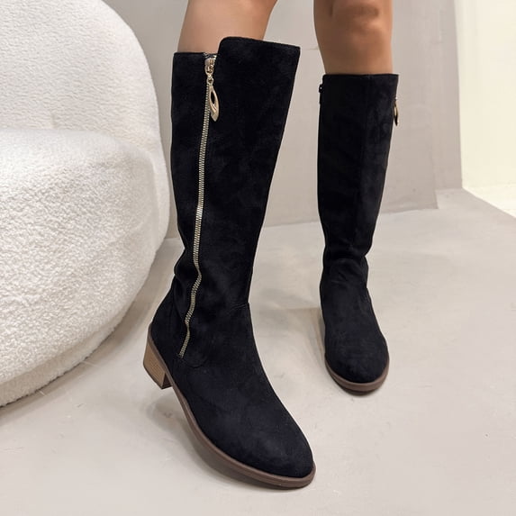 BLTIBY Womens Knee High Boots Pointed Toe Flock Fall Winter Boots Chunky Heel Shoes Tall Fall Side Zipper Black 37