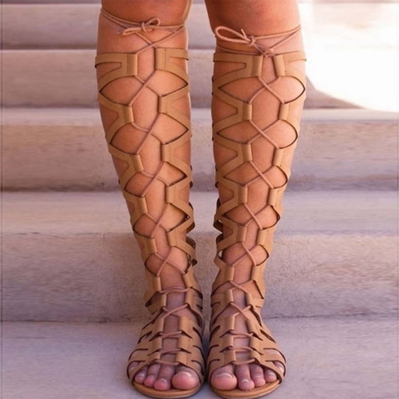 BLTIBY Womens Knee High Caged Gladiator Strappy Flat Sandals Fashion Cross Strap Lace up Back Zipper Open-Toe Flats Sandal Summer Outdoor Casual Shoes Brown 7.5