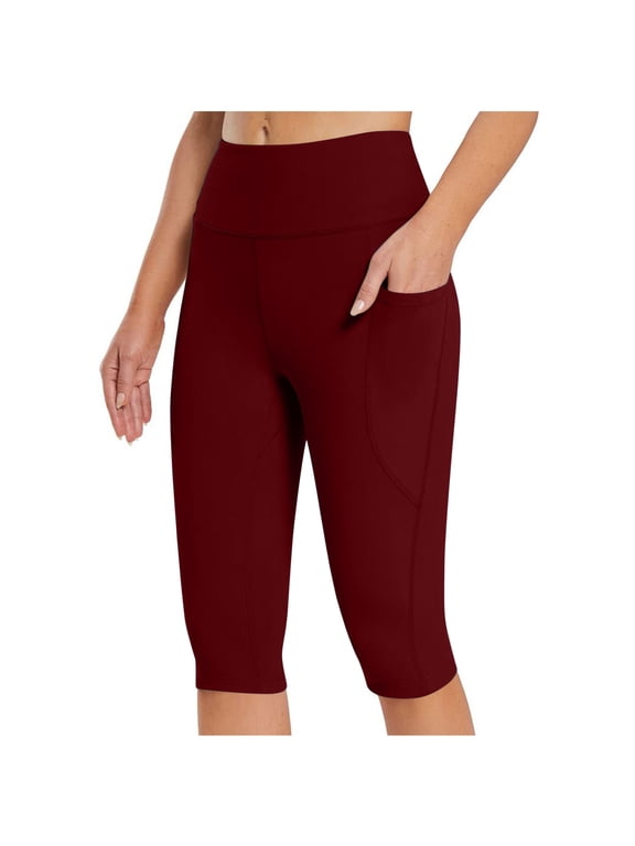Womens Knee Length Leggings Yoga Capris High Waisted Tummy Control Slim Pants Athletic Biker Shorts with Pockets Red L