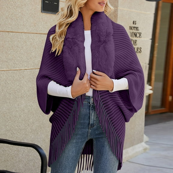BLTIBY Womens Knitted Loose Thickened Shawl Coat, Softies Fur Shawls and Wraps for Weddings Evening Dresses, Faux Fur Shawl Cape Purple Free Size