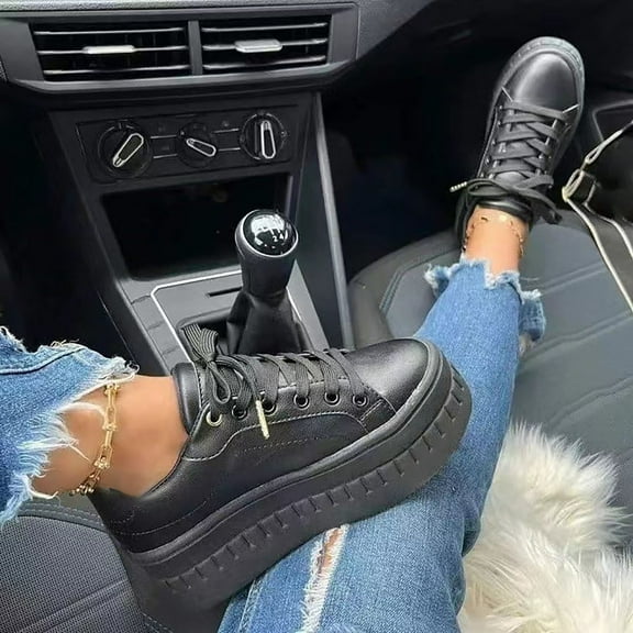 BLTIBY Womens Lace Up Board Shoes Solid Colour Casual Low Top Single Shoes Ladies Fashion Thick Bottom Shoes Black 43