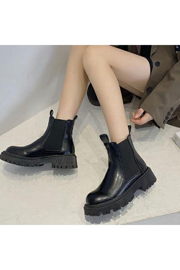 Womens Leather Chelsea Ankle Boots Lug Sole Chunky Heel Dress Boot Round Toe Retro Slip-On Booties Black 36