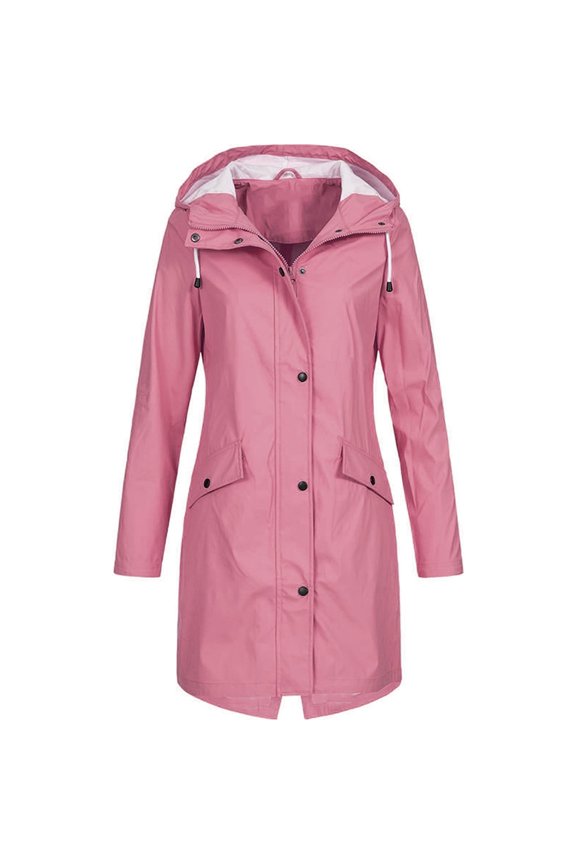 Womens Long Raincoat Hooded Waterproof Oversized Drawstring Trench Coat Lightweight Zip Up Button Windbreaker with Pockets Pink 4XL