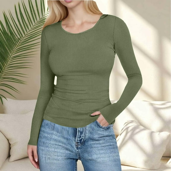 BLTIBY Womens Long Sleeve Crewneck Ribbed Tops Slim Fitted Stretch Casual Basic T-Shirts Blouse ghtweight Base Layer Undershirt Army Green L