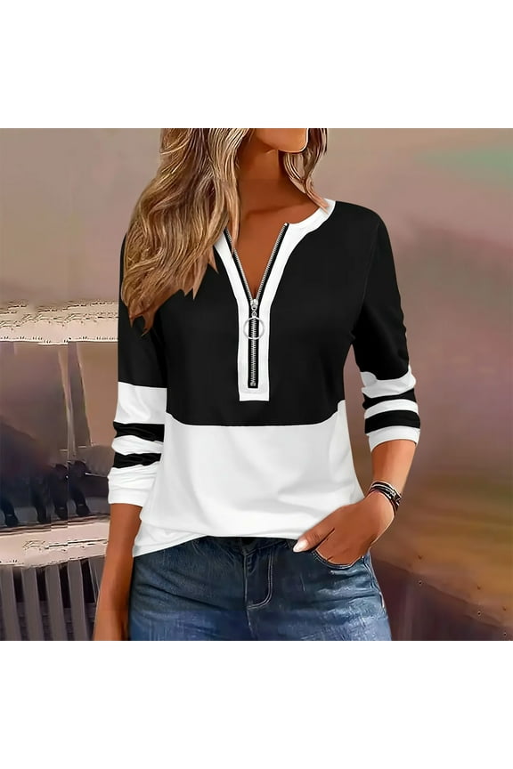 Womens Long Sleeve Half Zipper Top Round Neck Color Blocked Shirts Ladies Fashion Comfortable Casual Pullover Blouse Black M
