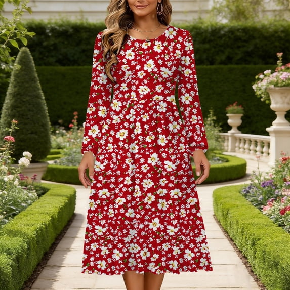 BLTIBY Womens Long Sleeve Midi Dress Crewneck Spring Fashion Casual Flowy A-Line Printed Pleated Dresses Vacation Outfits Multicolor 3 3XL