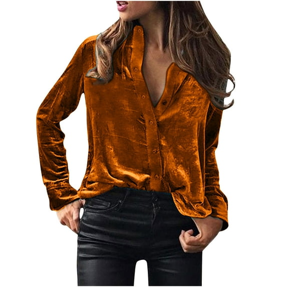 BLTIBY Womens Long Sleeve Shirt Fall Solid Color Velvet Single Breasted Button Blouse Fashion Lightweight Casual Loose Tops Orange S