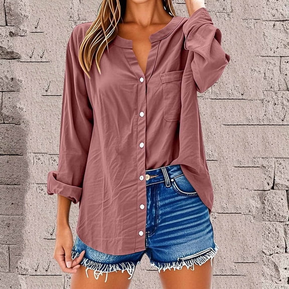 BLTIBY Womens Long Sleeve Shirt Fall Spring Solid Color V Neck Single Breasted Button Blouse Casual Fashion Tops wtih Pockets Watermelon Red XL