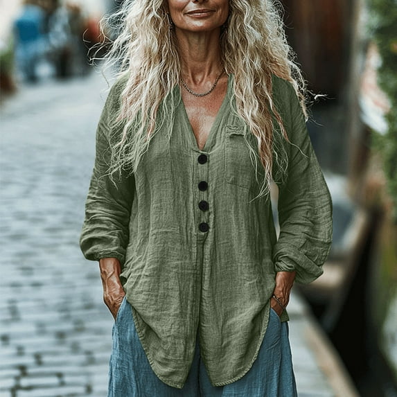 BLTIBY Womens Long Sleeve Shirt Spring Fall Solid Color Single Breasted Button Blouse Casual Loose Fashion Tops Army Green XL