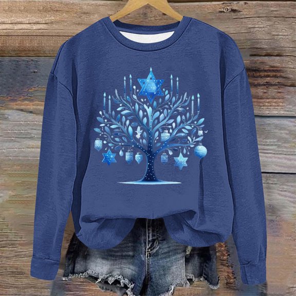 BLTIBY Womens Long Sleeve Shirts Fall Spring Hanukkah Printed Round Neck Top Casual Comfortable Fashion Pullover Blouse Blue XXL