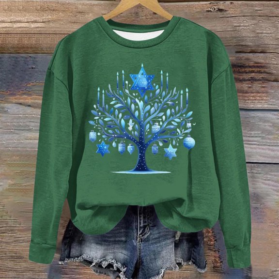 BLTIBY Womens Long Sleeve Shirts Fall Spring Hanukkah Printed Round Neck Top Casual Comfortable Fashion Pullover Blouse Green XL