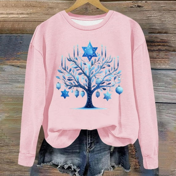 BLTIBY Womens Long Sleeve Shirts Fall Spring Hanukkah Printed Round Neck Top Casual Comfortable Fashion Pullover Blouse Pink XXL