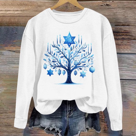 BLTIBY Womens Long Sleeve Shirts Fall Spring Hanukkah Printed Round Neck Top Casual Comfortable Fashion Pullover Blouse White XXL