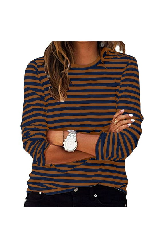 Womens Long Sleeve Shirts Fall Spring Striped Printed Round Neck Top Fashion Comfortable Loose Pullover Blouse Brown M