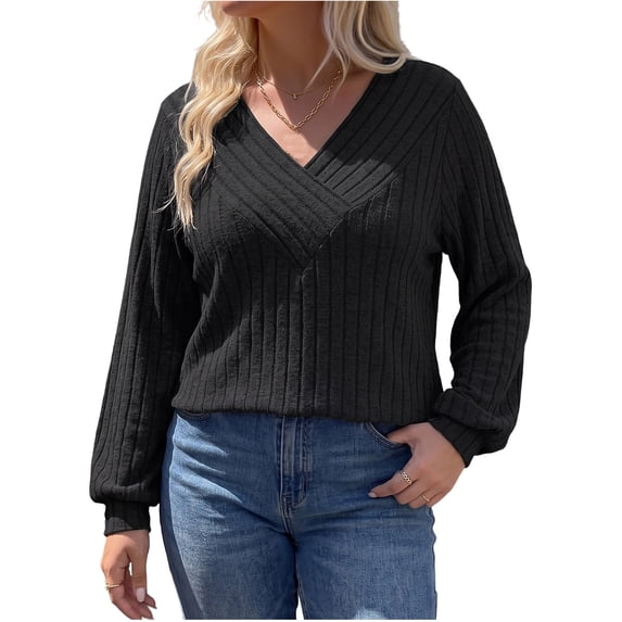 BLTIBY Womens Long Sleeve Shirts Fall V Neck Ribbed Knit Tops Fashion Tunic Sweaters Dressy Casual Winter Pullover Blouse Black 3XL