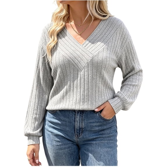 BLTIBY Womens Long Sleeve Shirts Fall V Neck Ribbed Knit Tops Fashion Tunic Sweaters Dressy Casual Winter Pullover Blouse Gray XXL