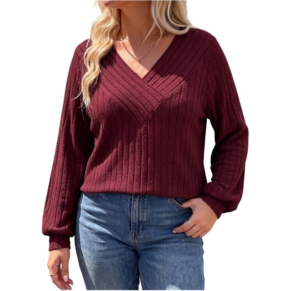 BLTIBY Womens Long Sleeve Shirts Fall V Neck Ribbed Knit Tops Fashion Tunic Sweaters Dressy Casual Winter Pullover Blouse Wine XXL