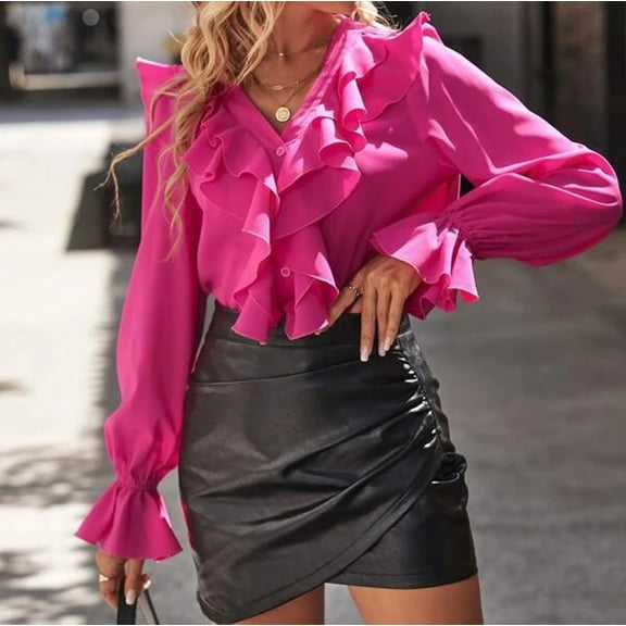 BLTIBY Womens Long Sleeve Shirts Spring Fall Solid Color V Neck Loose Casual Button Ruffle Top Fashion Comfortable Pullover Blouse Hot Pink XL