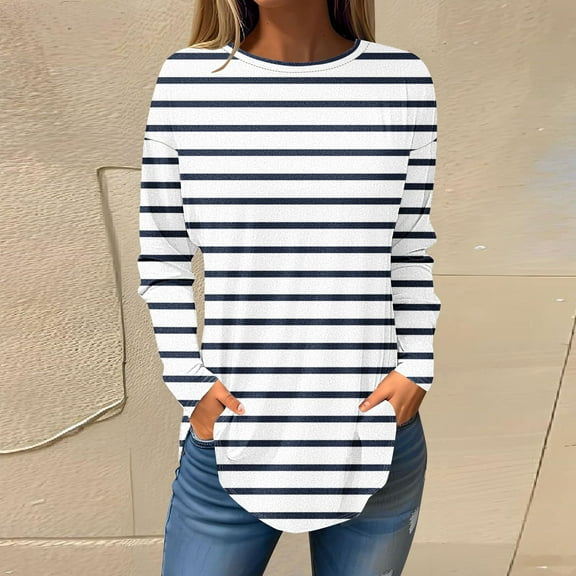 BLTIBY Womens Long Sleeve Shirts Spring Fall Striped Printed Round Neck Basic Top Fashion Comfortable Pullover Blouse Navy XXL