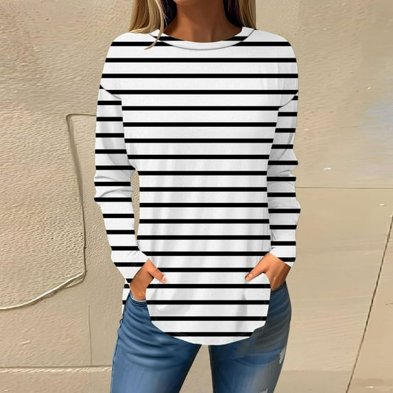 BLTIBY Womens Long Sleeve Shirts Spring Fall Striped Printed Round Neck Basic Top Fashion Comfortable Pullover Blouse White XL
