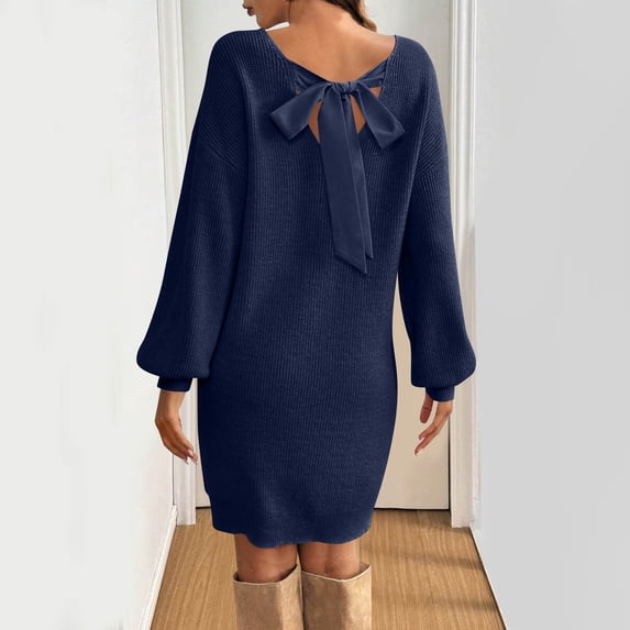 BLTIBY Womens Long Sleeve Sweater Dress V Neck Loose Fit Ribbed Bow Knit Pullover Mini Dress Fall Outfits Blue XL