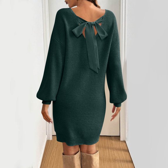BLTIBY Womens Long Sleeve Sweater Dress V Neck Loose Fit Ribbed Bow Knit Pullover Mini Dress Fall Outfits Green M