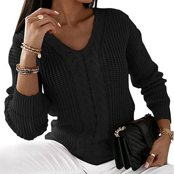 BLTIBY Womens Long Sleeve Sweater Fall Spring V Neck Solid Color Knit Top Casual Loose Fashion Comfy Pullover Blouse Black XXL