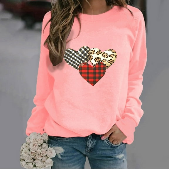 BLTIBY Womens Long Sleeve Sweatshirts Fall Spring Printed Round Neck Top Fashion Comfortable Loose Casual Pullover Blouse Pink 3XL