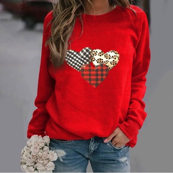 BLTIBY Womens Long Sleeve Sweatshirts Fall Spring Printed Round Neck Top Fashion Comfortable Loose Casual Pullover Blouse Red XL