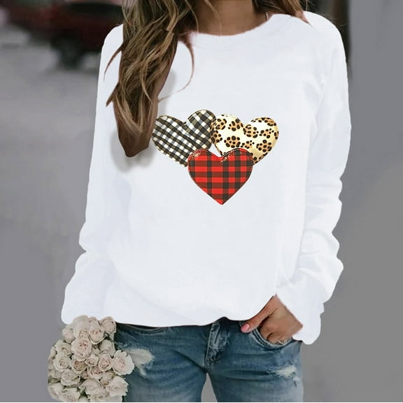 BLTIBY Womens Long Sleeve Sweatshirts Fall Spring Printed Round Neck Top Fashion Comfortable Loose Casual Pullover Blouse White L