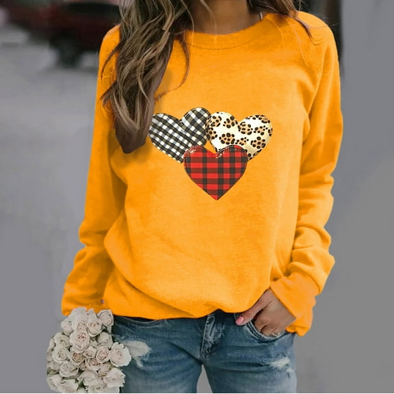 BLTIBY Womens Long Sleeve Sweatshirts Fall Spring Printed Round Neck Top Fashion Comfortable Loose Casual Pullover Blouse Yellow XXL