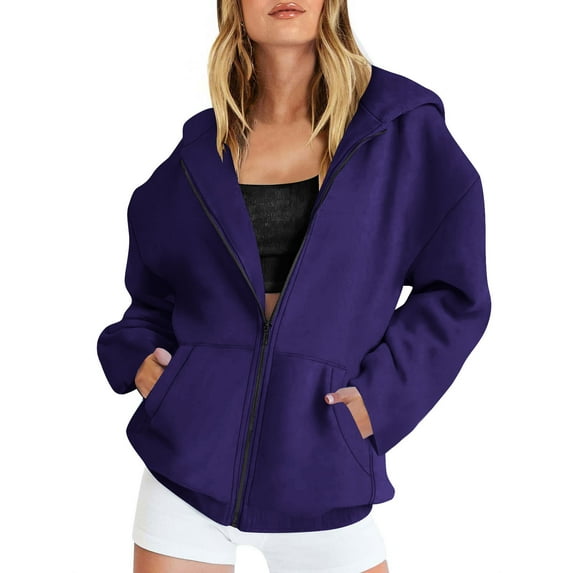 BLTIBY Womens Long Sleeve Sweatshirts Hoodies Spring Fall Solid Color Zipper Jacket Top Fashion Comfortable Blouse with Pockets Purple M