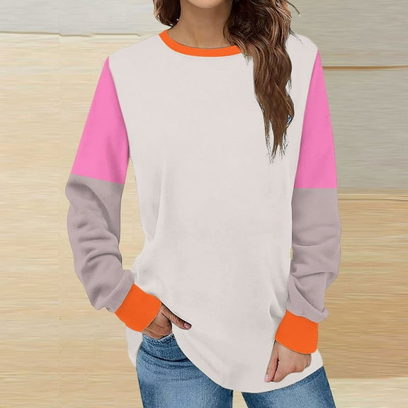 BLTIBY Womens Long Sleeve Sweatshirts Spring Fall Color Blocked Round Neck Top Fashion Comfortable Pullover Blouse Beige S
