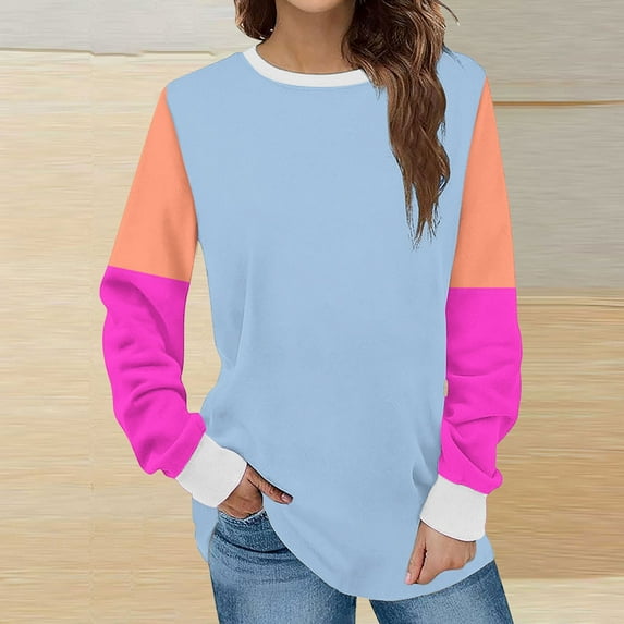 BLTIBY Womens Long Sleeve Sweatshirts Spring Fall Color Blocked Round Neck Top Fashion Comfortable Pullover Blouse Light Blue XXL