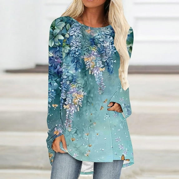 BLTIBY Womens Long Sleeve Sweatshirts Spring Fall Printed Round Neck Loose Casual Top Fashion Comfortable Pullover Blouse Multicolor L