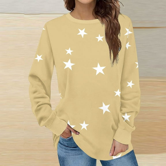 BLTIBY Womens Long Sleeve Sweatshirts Spring Fall Star Printed Round Neck Loose Casual Top Fashion Comfortable Pullover Blouse Khaki M
