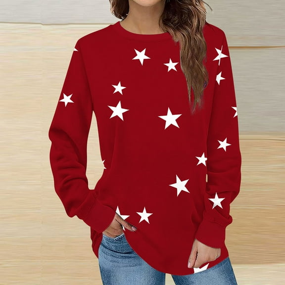 BLTIBY Womens Long Sleeve Sweatshirts Spring Fall Star Printed Round Neck Loose Casual Top Fashion Comfortable Pullover Blouse Red M